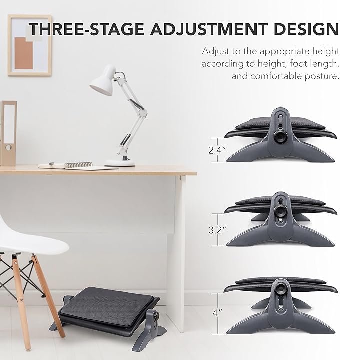 EHO Ottoman, Ergonomic Foot Rest for Under Desk, Adjustable Height and Angle, Sponge Platform, Anti-Slip, Ankle Support, Detachable Washable Cushion, Back and Leg Pain Relief, 21.6" L x 11.4" W, Black