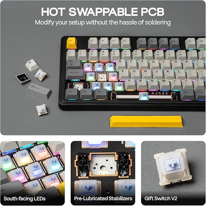 AJAZZ AK980 96% USB-C/BT5.0/2.4GHz Wireless Gaming Keyboard with 1.14’’ TFT Screen, Hot Swappable Creamy Mechanical Keyboard with FR4 Plate, Knob, RGB for Win/Mac (Black, Gift V2 Switch)