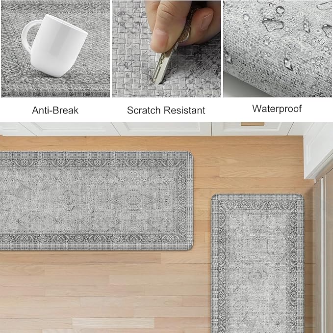 KIMODE Anti Fatigue Kitchen Mat 2PCS,Waterproof Farmhouse Kitchen Rugs Non-Slip,Vintage Grey Kitchen Mat for Floor,Cushioned Comfort Foam Standing Mat for Laundry,Office,Sink,Desk