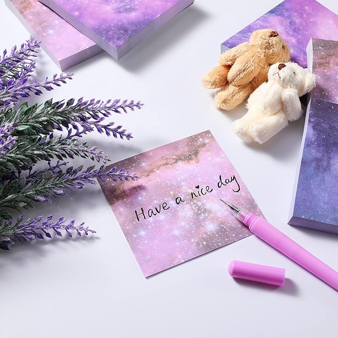 6 Pads Planet Sticky Notes 3. 15 x 3. 15 Inches Purple Starry Sky Self Adhesive Memo Note Pads Galaxy Self Stick Memo for Office Paper Natural Scenery Theme Notes, 600 Sheets Total