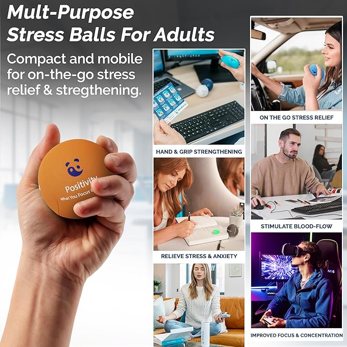 Mind & Body Stress Balls for Adults - Triple Density Squeeze Balls for Hand Therapy & Grip Strengthening - Stress & Anxiety Relief - Physical Therapy Support - Soft, Medium, Hard Gel Core