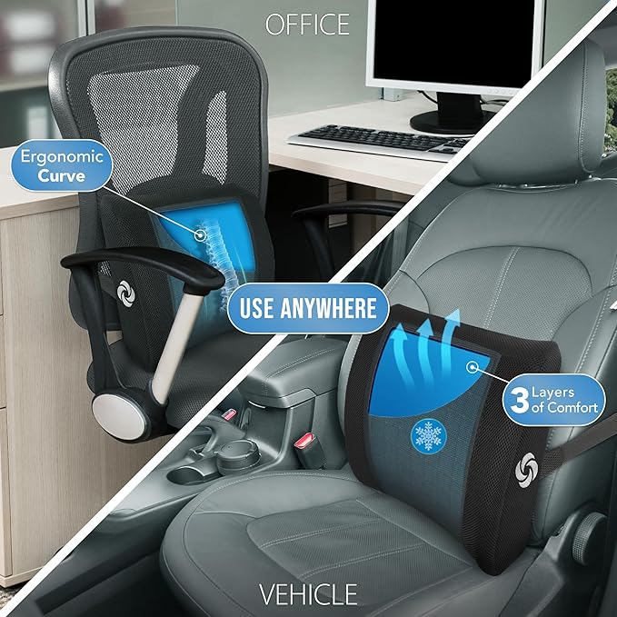 SAMSONITE, cooling gel, lumbar support pillow for office chair or car seat - boost your lower back comfort zone, high grade - memory foam, universal chair cushion, breathable mesh, washable cover