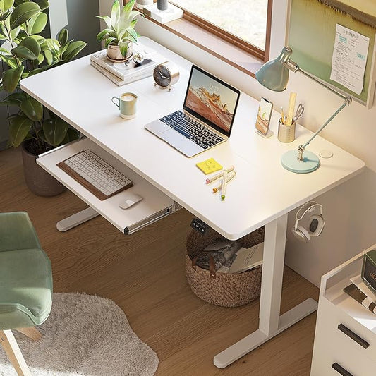 FEZIBO Standing Desk with Keyboard Tray, 48 x 24 Inch Adjustable Height Sit Stand Desk with Memory Presets for Home Office, Ergonomic Computer Workstation, White