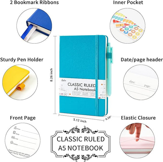 feela Notebooks Journals Bulk, Hardcover Notebook Classic Ruled Journal Set with Pen Holder for School Business Work Travel Writing, with 12 Black Pens, 120 GSM, 5.1”x8.3”, 12 Pack, A5, Solid Colors