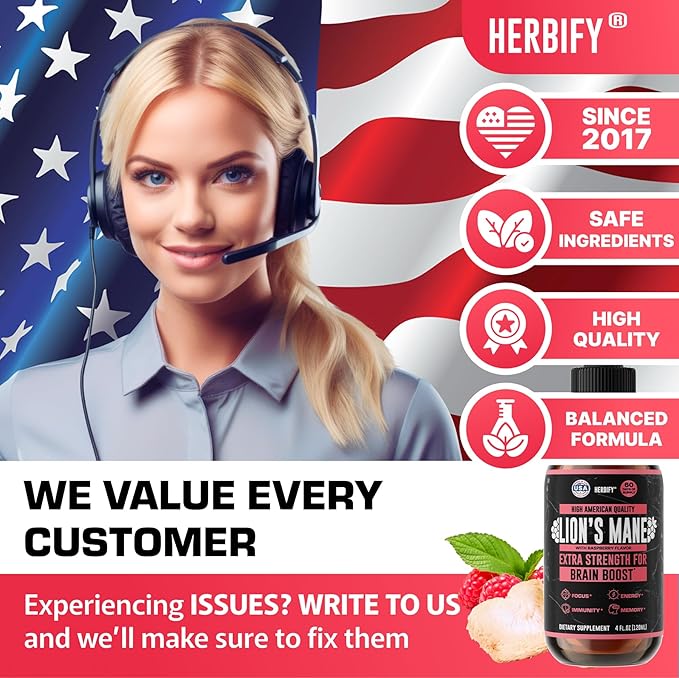 HERBIFY Lions Mane Supplement - Daily Mushroom Supplement for Memory, Focus & Clarity - Brain Booster - Lions Mane Tincture for Natural Immune Support - 4 Fl Oz Raspberry Flavor