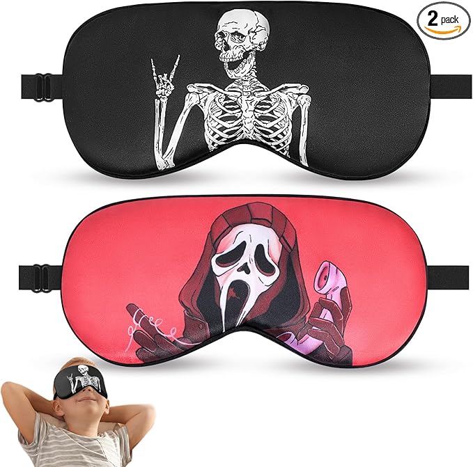 2 Pcs Human Skulls Sleep Halloween Mask for Women Men, Silk Eye Covers for Sleeping, Adjustable Strap & Light Blocking Design, Adult Children's Bedtime Blindfold for Travel and Home Use (Human Skulls)