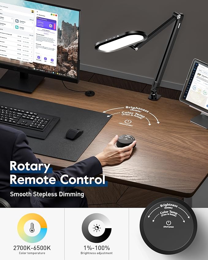 LED Desk Lamp for Home Office, Eye-Care Double-Sided Desk Light with Stepless Dimmable Knob Remote, Memory, Adjustable Arm Clip on Light for Video Recording, Zoom Call, Study, Flicker-Free, Glare-Free