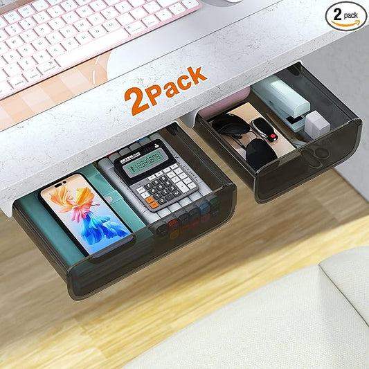 2 Pack Acrylic Self Adhesive Under Desk Drawer Slide Pull Out, Stick on Attachable Clear Black Plastic Storage Organizer, Hanging Mounted Attachment for Office, Kitchen, Cabinet, Table, Counter