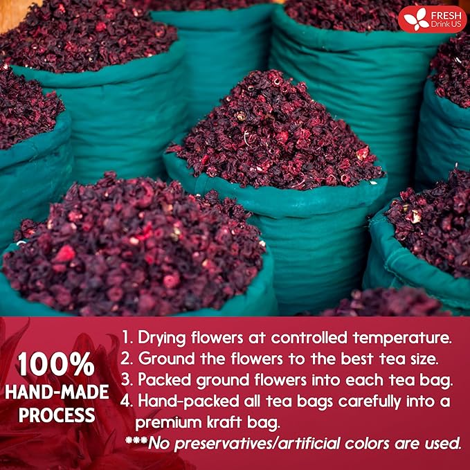 FreshDrinkUS Premium 30 Hibiscus Tea Bags, 100% Natural & Pure, Loose Flower Herbal Tea, No Sugar, Caffeine, Gluten, Vegan