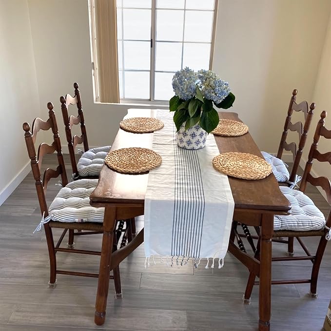 Barnett Home Decor Ticking Stripe Blue Dining Chair Pad with Ties - 15 x 17 Size Small Chair Cushion - Latex Foam Fill - Machine Washable, Reversible, 100% Cotton, Made in USA (Navy)