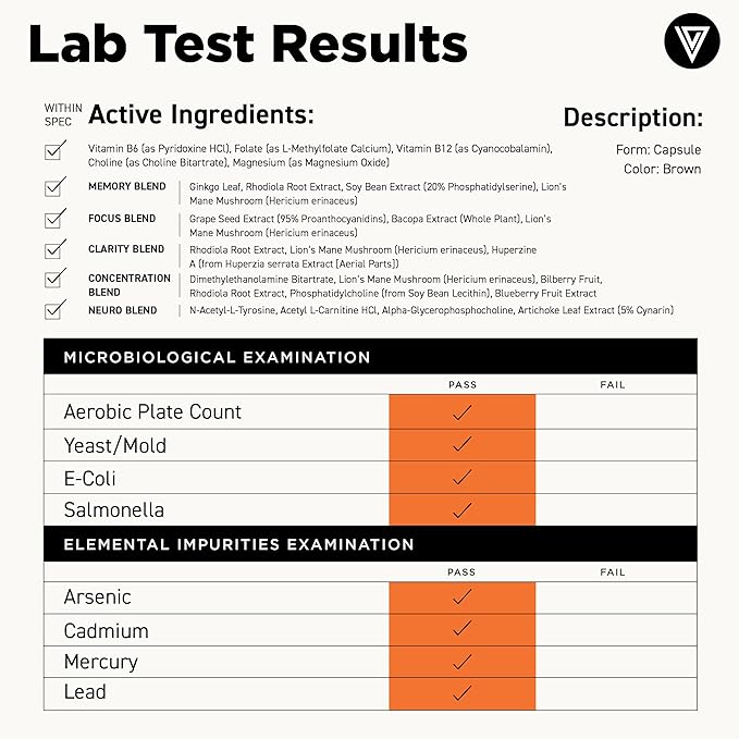 Vital Vitamins Nootropic Brain Supplement Plus - for Memory, Focus, Concentration, Neuro Energy, Clarity - with Lion's Mane Mushrooms - 60 Capsules