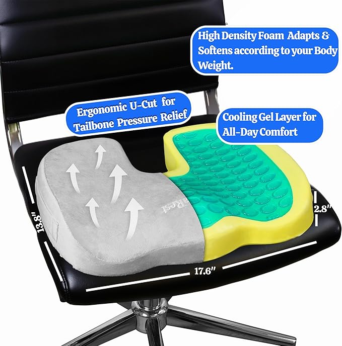 LuminaRest® Gel Seat Cushion for Long Sitting – CertiPUR-US® Certified Memory Foam – Premium Gel Tailbone Pain Relief Cushion, Adaptable for Office, Car, Airplane & Wheelchair – (Gray)