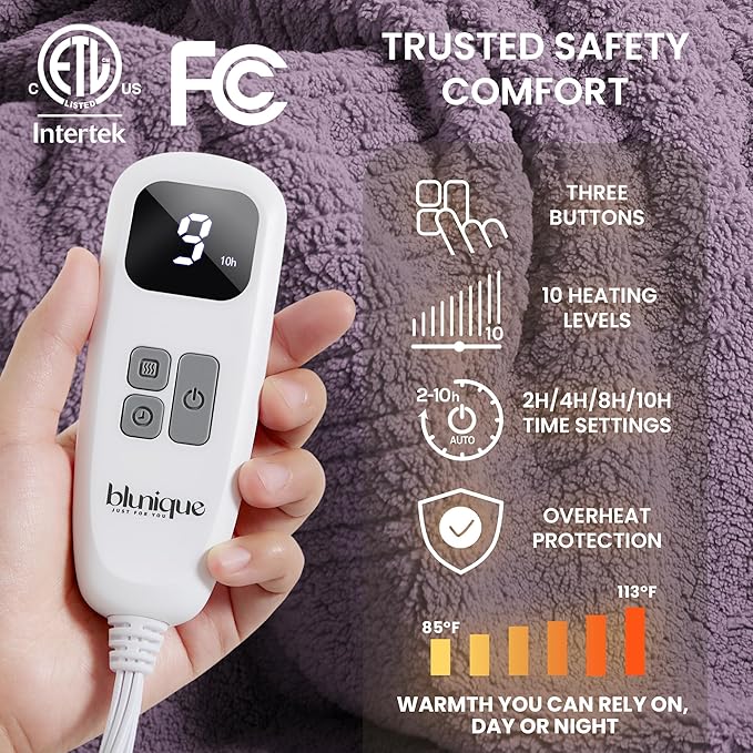 Electric Heated Blanket Full Size 72x84 inches, Fast Heating w/ 10 Heat Settings & 2/4/8/10H Auto Timer, Double-Sided Sherpa, Ultra Soft & Cozy for Couch, Bed, Office, Machine Washable, Purple