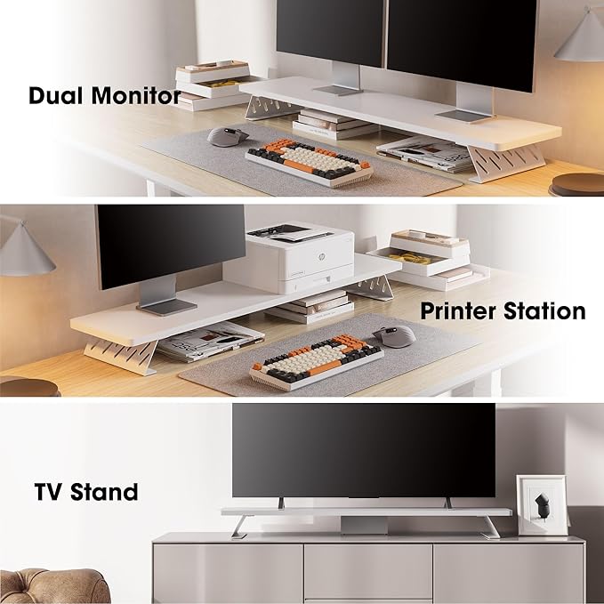 Fenge Dual Monitor Stand Riser, 42.5 Inch Desk Top Shelf for 2 Monitors, Computer Stands for Desk, Wood & Steel Desktop Riser for Laptop, PC, Printer