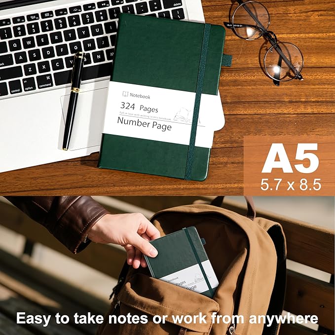 Yoment Leather Journal for Men Women, 324 Numbered Pages Thick Journals for Writing with Contents, A5 Hardcover College Ruled Journaling Notebooks for Travel, Note Taking, Diary, Green