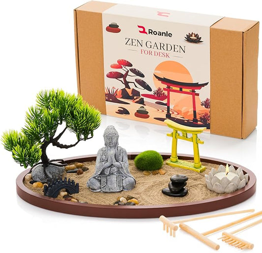 Zen Garden for Desk 13x8in – Japanese Decor with Buddha, Bonsai Tree, Tools & Accessories – Mini Zen Garden Kit for Office Desk, Home, Meditation Room, Desktop Gift Set, Sand Tray Therapy
