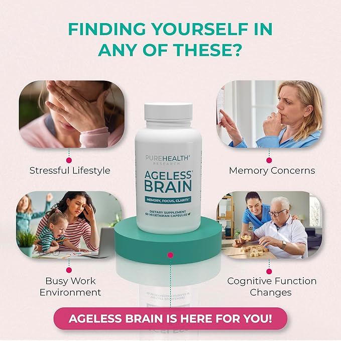 PUREHEALTH RESEARCH Ageless Brain Supplements for Memory and Focus - Nootropic Brain Health Supplement for Adults - with Bacopa Monieri, Alpha GPC, L-Tyrosine, Vitamin B6, Niacin & More, 60 Capsules