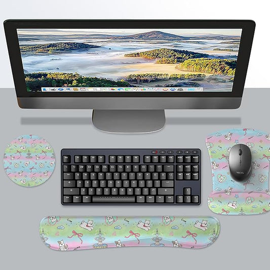 RICHEN Mouse Pad and Keyboard Wrist Rest, 3-in-1 Computer Mousepad and Coaster Set, Non-Slip Keyboard Wrist Rest and Mouse Pad Set Ergonomic Design (Dogs)