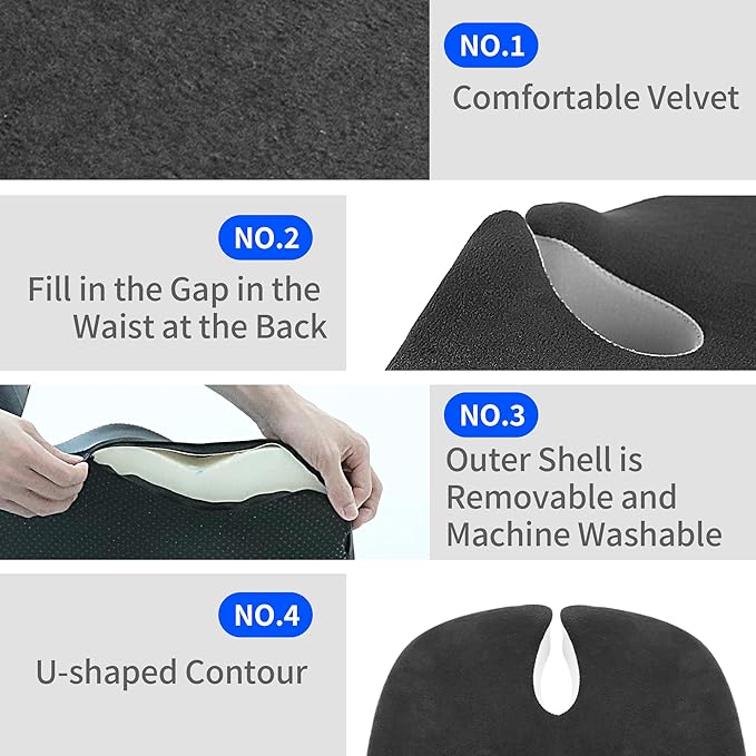 Car Seat Cushion,U-Shaped Memory Foam Seat Cushion for Back Pain Relief - 2.8In Thick Ergonomic Car & Office Chair Pad with Coccyx Cutout, Removable Cover,Universal Fit, Easy to Install(Plush)