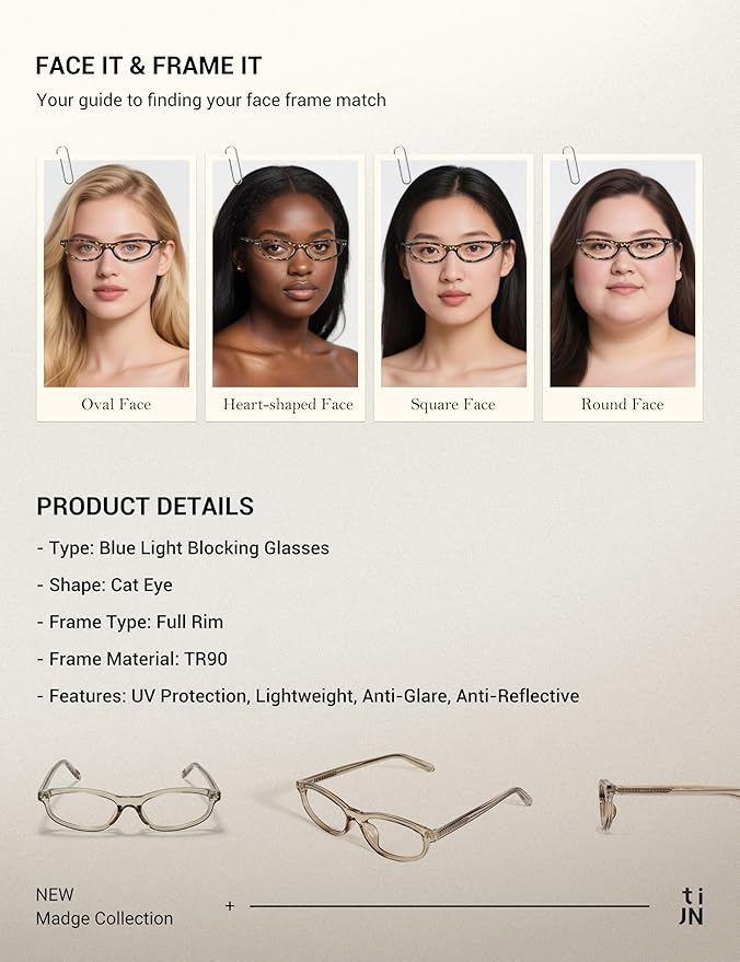 TIJN Olisa Blue Light Blocking Glasses for Women Men,Oval Glasses Frame Bluelight Glasses for Gaming/Computer/Screen