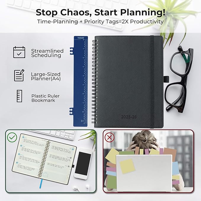 Weekly Monthly 2025-2026 Planner (July 25-Dec 26),11.5"x8.5",18 Months Agenda Plan with Month Tabs & Pocket,Expenses/Note Pages, Academic Calendar with Vegan Leather Cover,Black