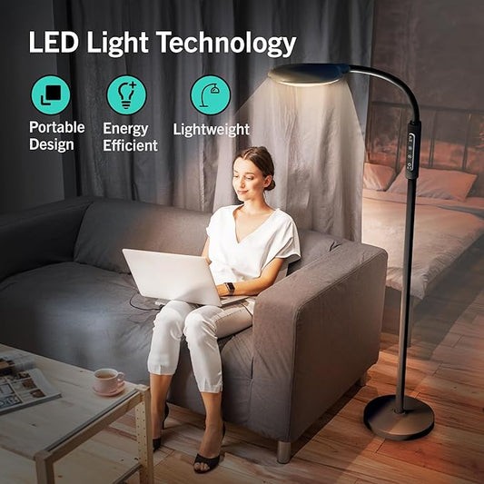 PRIMETEK Happy Lamp10000 Lux Mood Lamp, Dual Control Remote,Touch Screen Sad Lamp, Adjustable LED Floor Lamp, UV-Free Sun Light, 5 Color Temperatures 10 Brightness Levels (Black)