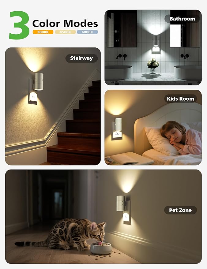 Night Lights Plug Into Wall,3 Color Temperatures LED Night Light Plug in,Dusk to Dawn Sensor,0-100LM Adjustable Brightness,Dimmable Night Lights for Hallway Bathroom Stair Bedroom,White,8 Pack