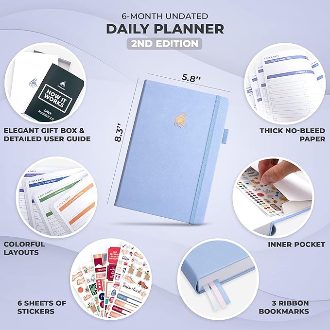 Clever Fox Daily Planner 2nd Edition – Undated Time Block Task Organizer with Hourly Schedule & To-do list – A5, 6 Months (Periwinkle)