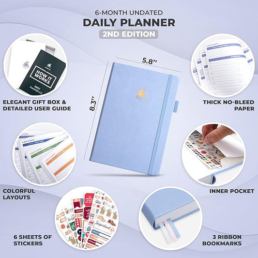 Clever Fox Daily Planner 2nd Edition – Undated Time Block Task Organizer with Hourly Schedule & To-do list – A5, 6 Months (Periwinkle)