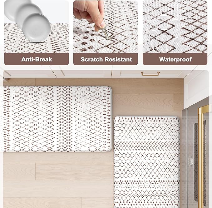 KIMODE Anti Fatigue Kitchen Mats 2PCS 17"x59"+17"x29", Cushioned Boho Kitchen Runner Rugs,Non Slip Waterproof Kitchen Mats for Floor,Comfort Standing Desk Mat for Home,Sink,Laundry,Brown and White