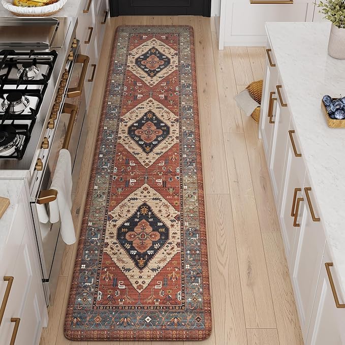 KIMODE Kitchen Mats Cushioned Anti Fatigue, Red Boho Vintage Kitchen Rugs 20"x71", Ergonomic Padded Kitchen Floor Mats, Non Slip Waterproof Standing Mats for Front of Sink Laundry Desk Bedroom