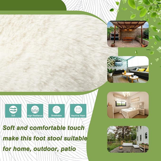 15" Foldable Foot Stool Ottoman with Metal Frame - Washable Faux Fur Beige Upholstered Indoor/Outdoor Footrest for Living Room, Bedroom, Patio - Space-Saving Compact Design