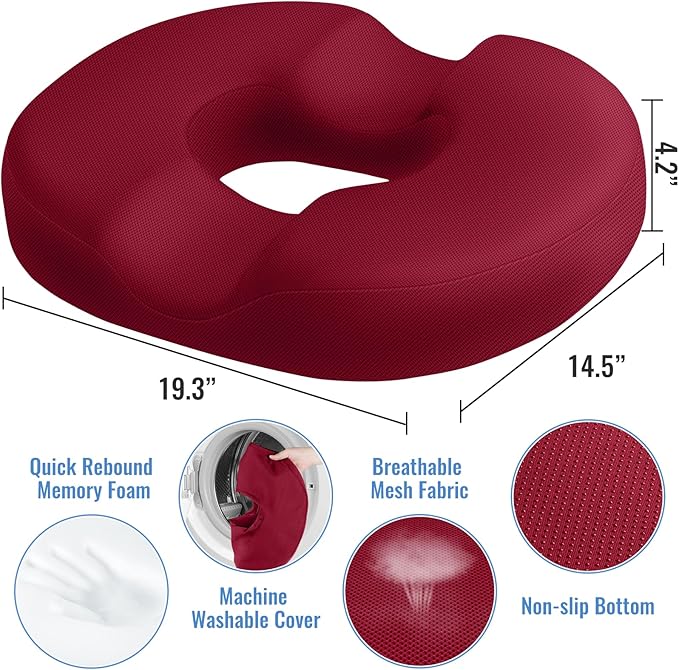 CloudBliss Donut Pillow Seat Cushion Chair Pad for Tailbone Pain Relief and Hemorrhoids, Memory Foam Seat Chair Cushion for Men and Women for Home & Office, (Red-2XL)