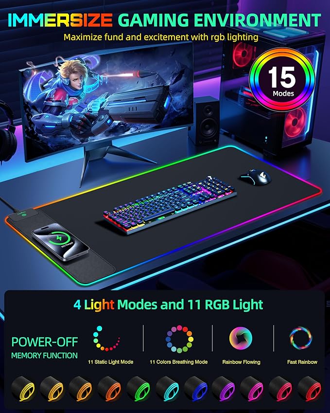 Mouse Pad with Wireless Charging, RGB Gaming Desk Mat, Large XXL Desk Pad, 15 Lighting Modes, Ultra-Smooth Surface, Non-Slip Mouse Mat, Waterproof Computer Keyboard Pad for Gamer, 800x400x4MM, Black