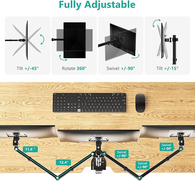 WALI Triple Monitor Mount, Heavy Duty Triple Monitors Stand for 13-27 inch Screens, Adjustable 3 Monitor Desk Mount with Swivel, Tilt, Rotation, Clamp & Grommet Base Kit (M003SN), Black