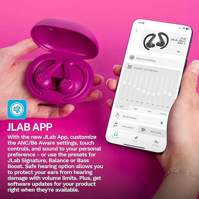 JLab JBuds Sport ANC 4 True Wireless Bluetooth Earbuds + Charging Case, Pink, Swipe + Touch Controls, Hybrid Active Noise Cancelation, Multipoint Connect, Customized Settings App