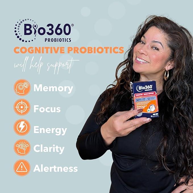 Cognitive Support Probiotic for Brain Health, Digestive, Immune Health & Mental Energy, 30 Billion, 10 Probiotics, 25X Green Tea Extract, Magnesium & Vitamin B5, B6 & B12, 30CT