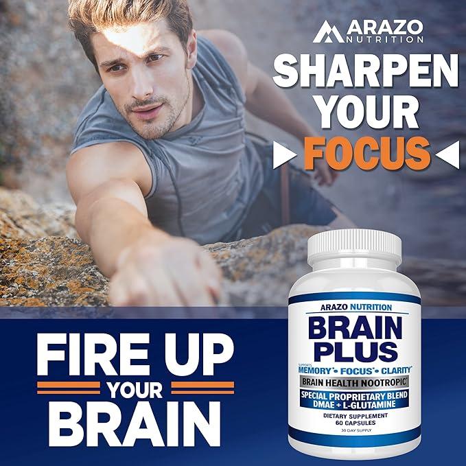 Arazo Nutrition Premium Brain Function Supplement – Memory, Focus, Clarity – Nootropic Booster with DMAE, Bacopa Monnieri, L-Glutamine, Multi Vitamins, Multi Minerals