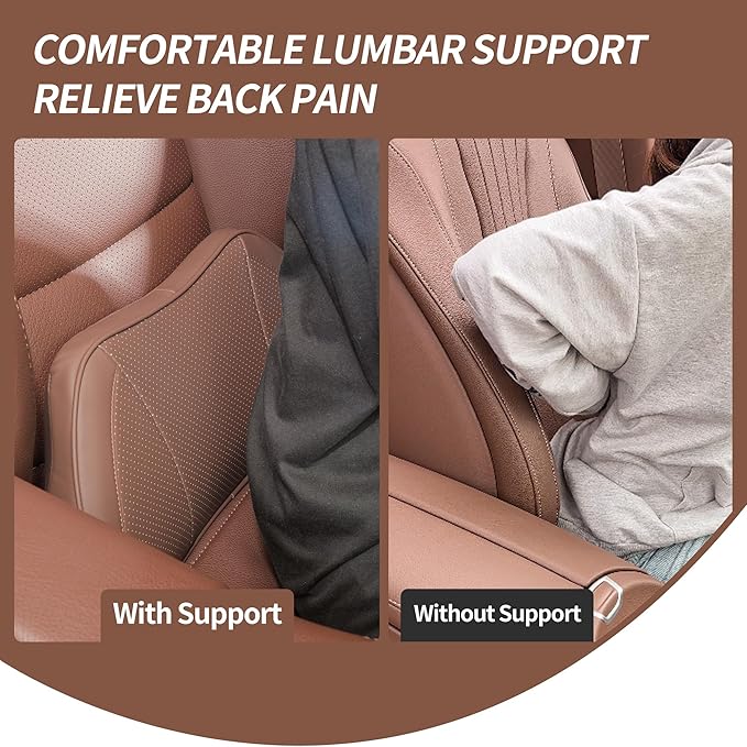 Lumbar Support Pillow for Car, Premium Leather Memory Foam Lumbar Cushion for Lower Back Pain Relief, Universal Back Support for Driving, Home & Office Chairs, Brown, 1 Pack