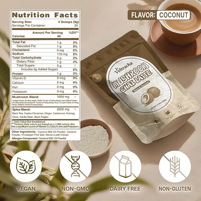 Veltracha Mushroom Chai Tea, Instant Chai Tea Powder with 6 Adaptogenic Mushrooms, Spiced Chai Latte for Energy & Focus Support, 6.35 oz 20 Servings (Natural Coconut)