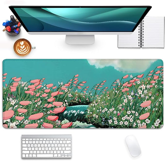 Anime Flowers in The River Extended Desk Pad Flowers Mouse Pad,Large Gaming Floral Mouse Mat with Stitched Edges,Non-Slip Rubber Base Mousepad for Office Computer Keyboard Laptop Home