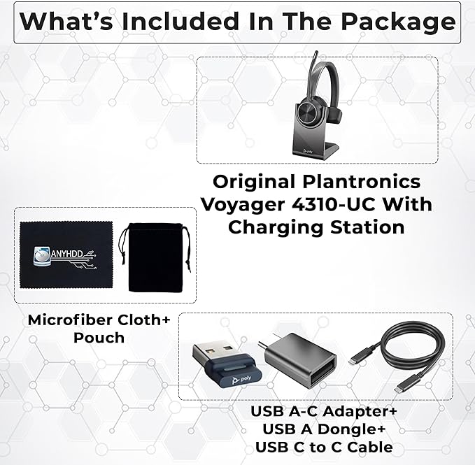 Poly Voyager 4310 UC Wireless Headset + Charge Stand - Connect to PC/Mac & Cell Phone, Single-Ear Headset with Mic + Charging Station + USB A to C Adapter + USB C-C Cable + Pouch + Microfiber Cloth