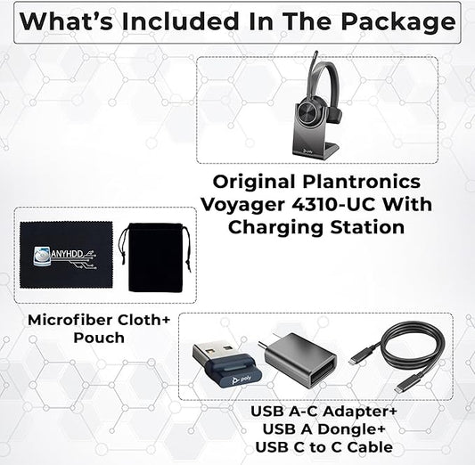 Poly Voyager 4310 UC Wireless Headset + Charge Stand - Connect to PC/Mac & Cell Phone, Single-Ear Headset with Mic + Charging Station + USB A to C Adapter + USB C-C Cable + Pouch + Microfiber Cloth
