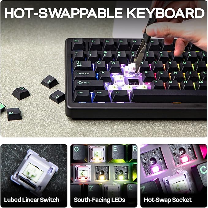 EPOMAKER QK81 75% Wireless Mechanical Gaming Keyboard, QMK/VIA Programmable and Hot-Swappable, 81 Keys with Metal Knob, 2.4Ghz/BT/USB, Creamy Gasket-Mount, RGB Backlight (Black, Flamingo Switch)