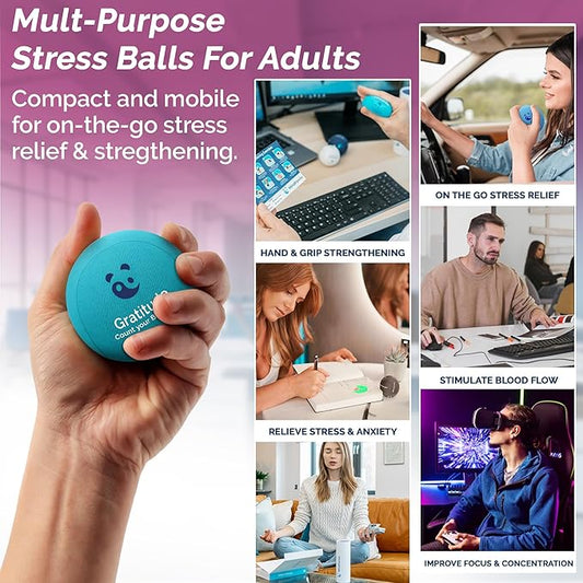 Mind & Body Stress Balls for Adults - Triple Density Squeeze Balls for Hand Therapy & Grip Strengthening - Stress & Anxiety Relief - Physical Therapy Support - Soft, Medium, Hard Gel Core