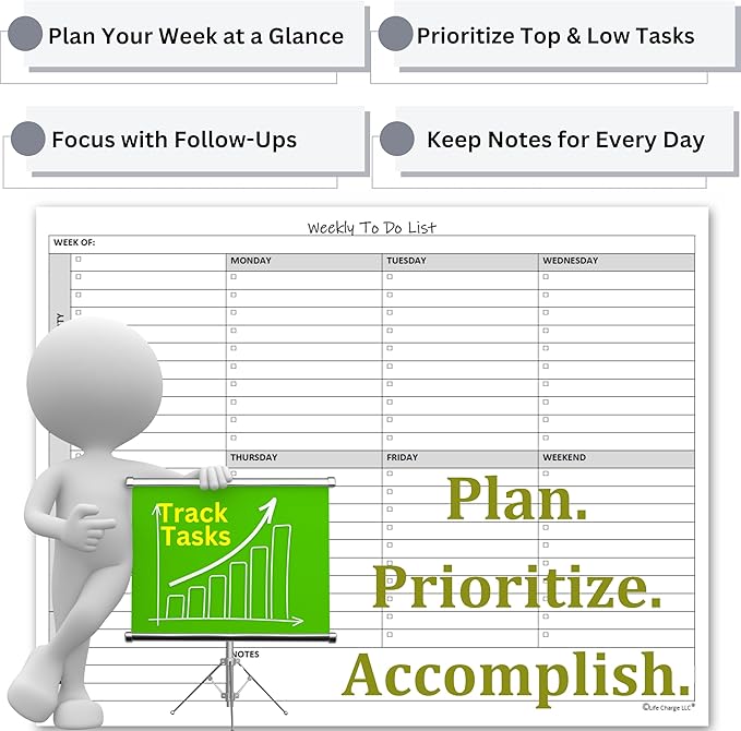 Weekly To Do List Notepad, 60 Page Task Planning Pad w/Daily Checklist, Priority Todo Checkbox & Notes. Desk Notebook to Organize Office 11 X 8.5