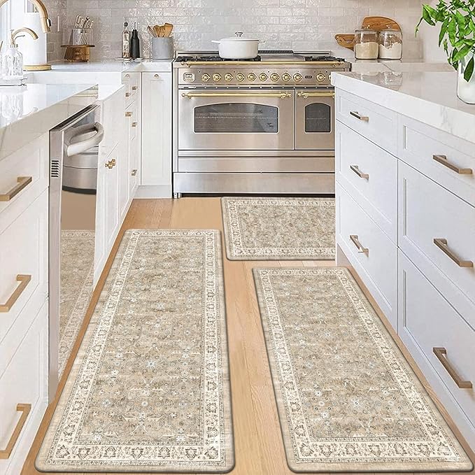 Pauwer Anti Fatigue Kitchen Mat Set of 3 Non Slip Kitchen Mats for Floor Cushioned Kitchen Rugs Comfort Standing Mat Farmhouse Waterproof PVC Foam Kitchen Floor Mat Runner, Beige