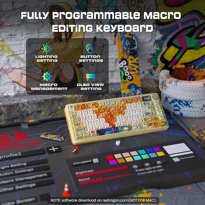 Redragon Wireless Mechanical Gaming Keyboard - Gasket-Mounted RGB Backlit, Custom Keys, 3-Mode(Bluetooth/2.4G/USB), Hot-Swap Pre-Lubed Switches, Screen & Control Knob - Doodle Style