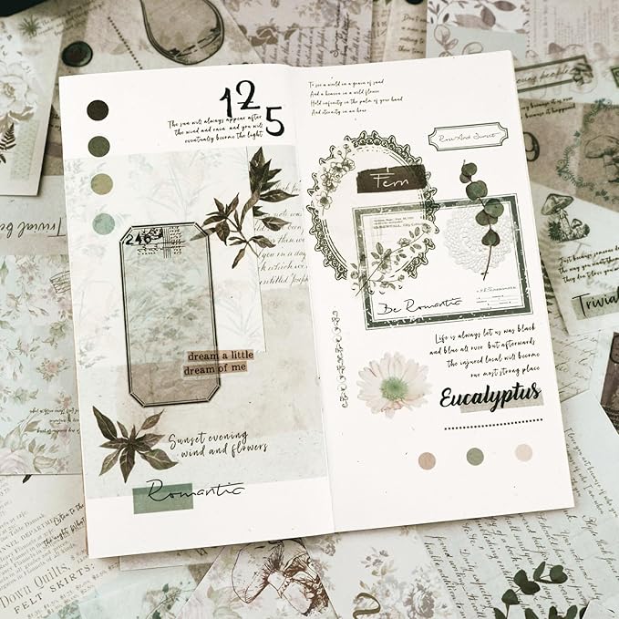 Dizdkizd Botanical Washi Stickers for Journaling, Ephemera Sticker Book for Junk Journal with 180pcs Plant Washi Stickers and 20 Adhesive Scrapbook Sticker Sheets, Vintage Scrapbooking Supplies
