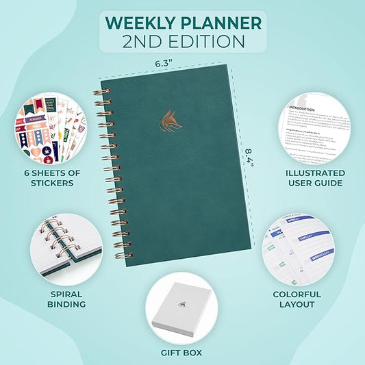 Clever Fox Planner 2nd Edition Spiral – Colorful Weekly & Monthly Goal Planner, Time Management & Productivity Organizer, Undated (Dark Teal)